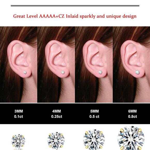 14K Gold Plated Hypoallergenic CZ Stud Earrings Set with 4 Sizes and Butterfly B - Picture 6 of 7